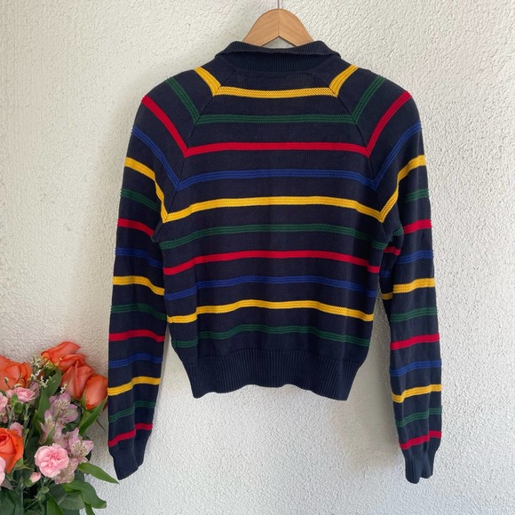 Vintage 90s Navy Knit stripe sweater zip up by LizSport - Picture 2 of 5